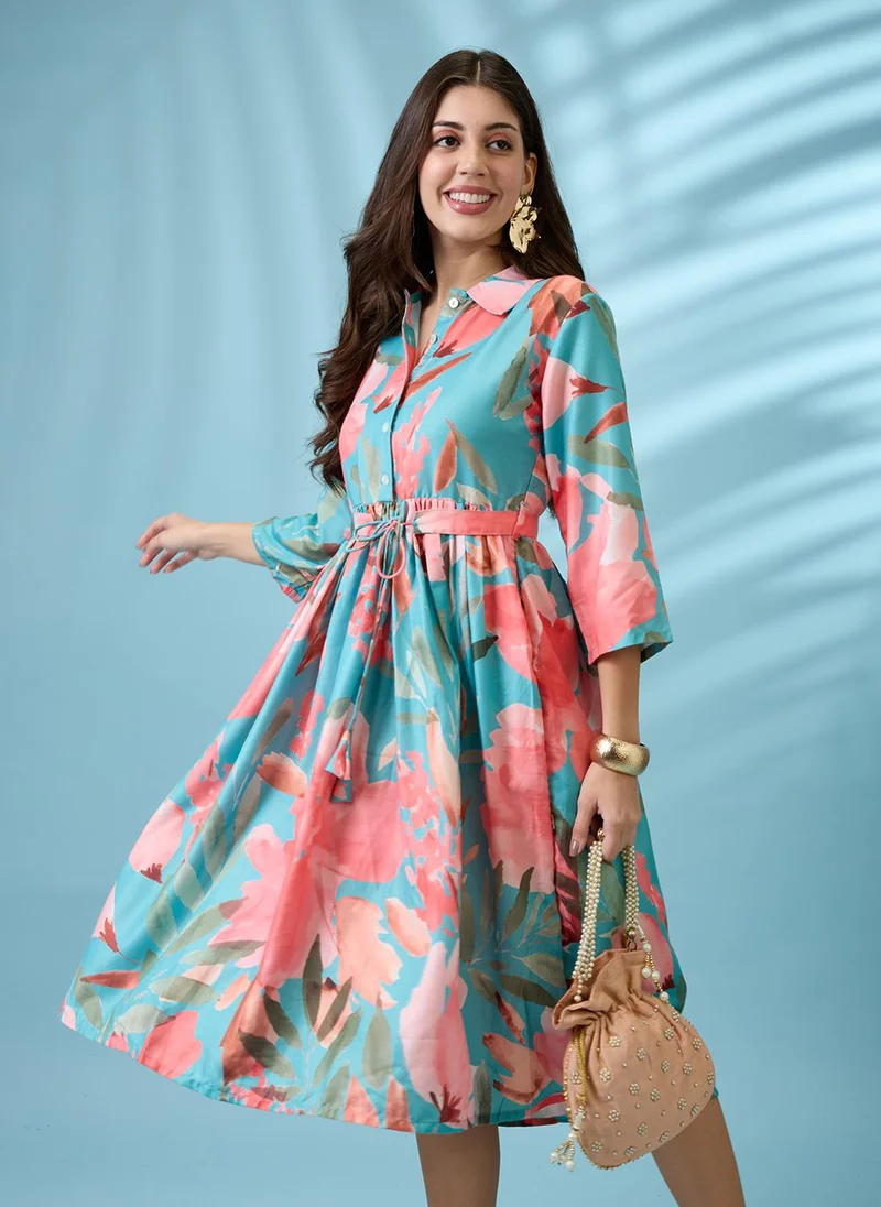 globus Globus Women Green Floral Print Shirt Collar Gathered Fit and Flare Midi Fusion Dress With Belt